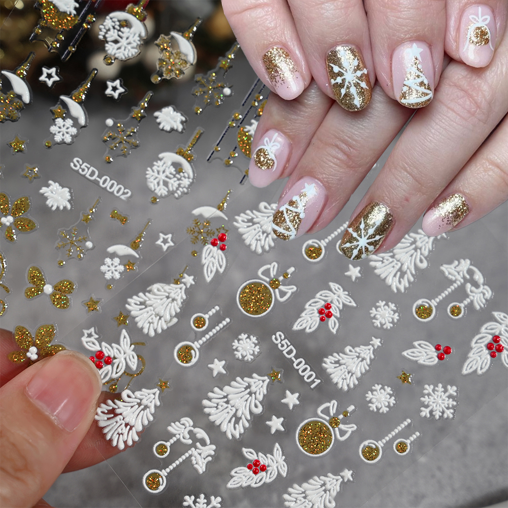 Nail Art Xmas Stickers - 5D Gold Silver Glitter Christmas Nail