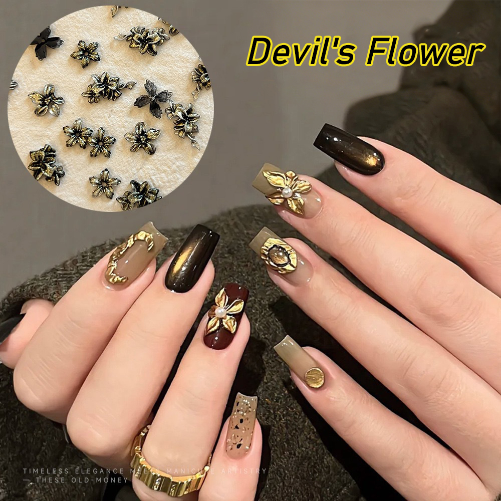 Nail Art Old Money - 50pcs Black-Gold 3D Devil's Flower Soft