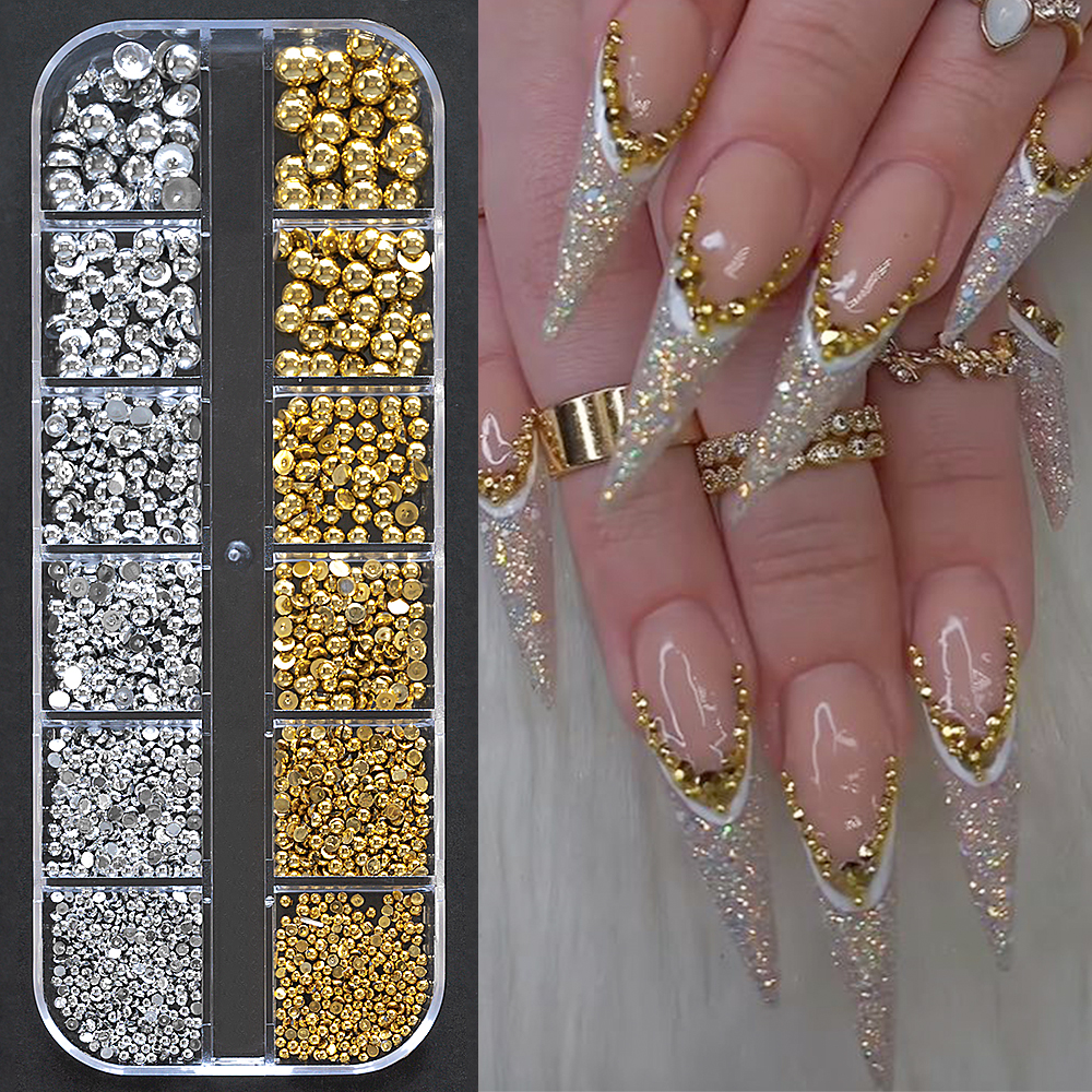 Nail Art Xmas Design - 12Grids Gold/Sliver Half Round Beads Nail