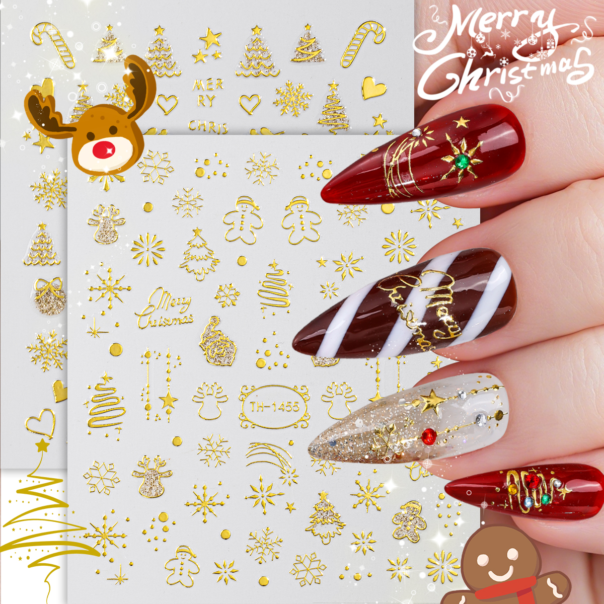 Nail Art Xmas Stickers - 2pcs Cute New Year Cartoon Nail