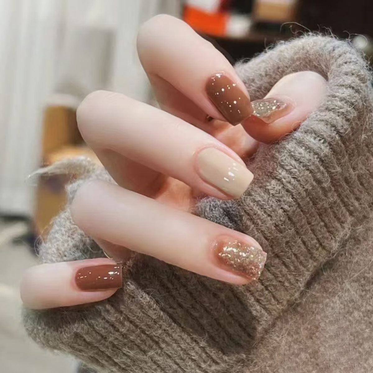 24Pcs Caramel Brown Ombre Glit - Nail Art Overlay ulasan dan harga