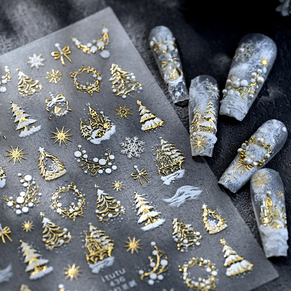 1pc 5D Gold Snow Christmas Tre - Nail Art Xmas Stickers ulasan dan harga