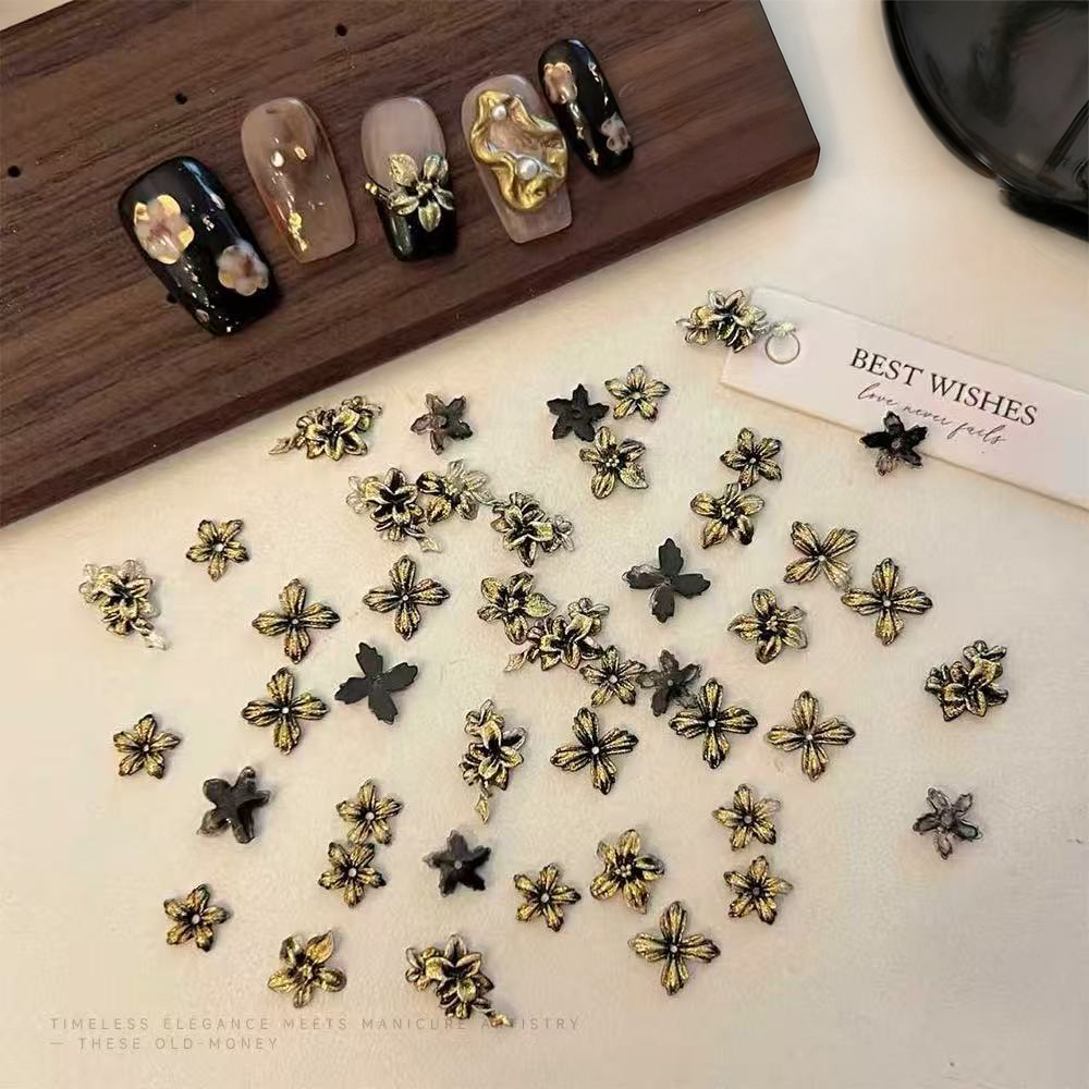 50pcs Black-Gold 3D Devil's Fl - Nail Art Old Money ulasan dan harga
