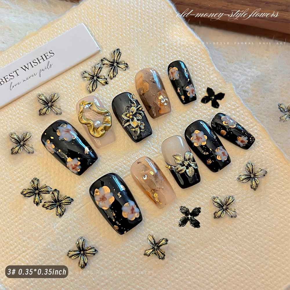 50pcs Black-Gold 3D Devil's Fl - Nail Art Old Money ulasan dan harga