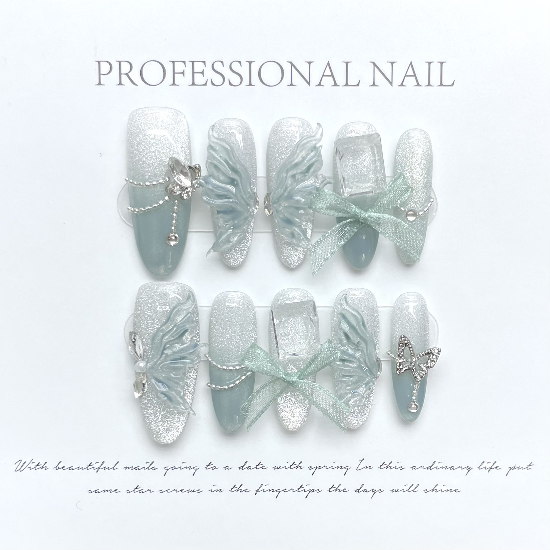 10pcs Pure Hand Pressed Long O - Nail Art Emerald ulasan dan harga