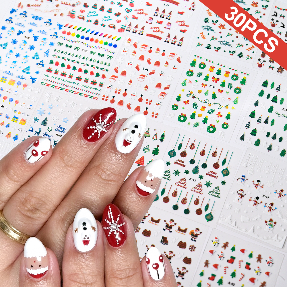 30pcs Cute Cartoon Snowman Chr - Nail Art Xmas Stickers ulasan dan harga